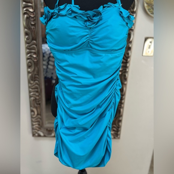 KENNETH COLE BLUE RUFFLE RUCHED WAIST HALTER ONE PIECE SWIM/BATHING SUIT SZ M - Picture 2 of 10